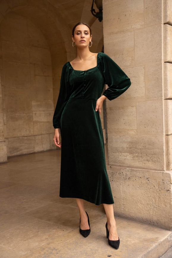 Velvet Long Dress with Puff Sleeves   Bottle green