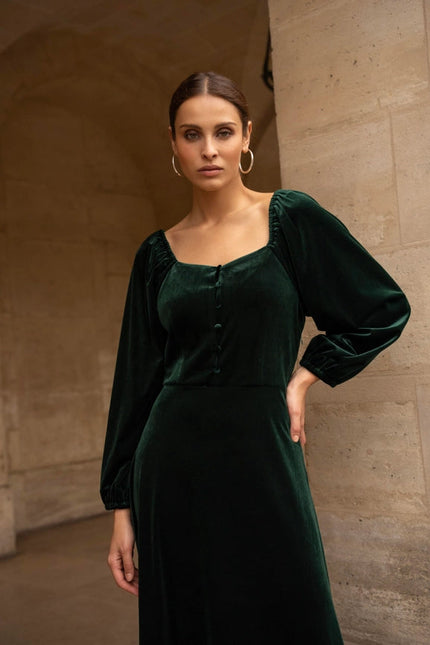 Velvet Long Dress with Puff Sleeves   Bottle green