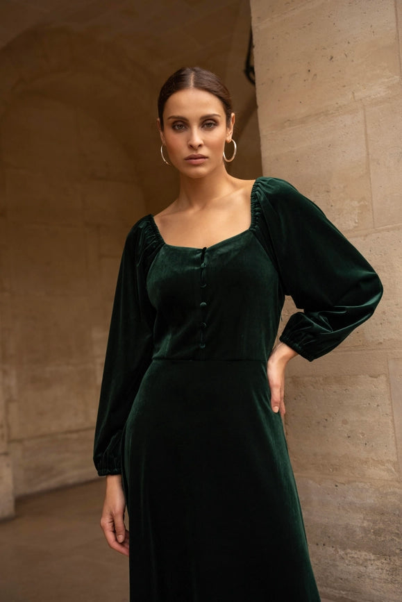 Velvet Long Dress with Puff Sleeves   Bottle green