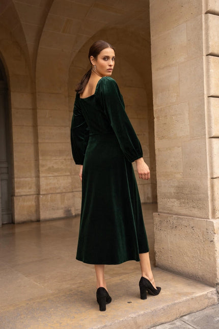 Velvet Long Dress with Puff Sleeves   Bottle green