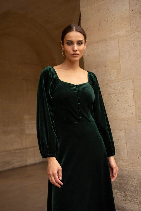 Velvet Long Dress with Puff Sleeves   Bottle green