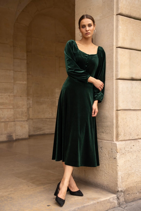 Velvet Long Dress with Puff Sleeves   Bottle green