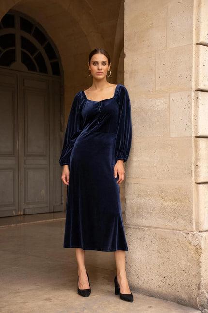 Velvet Long Dress with Puff Sleeves  Navy Blue