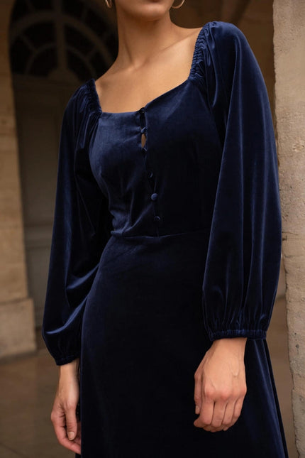 Velvet Long Dress with Puff Sleeves  Navy Blue