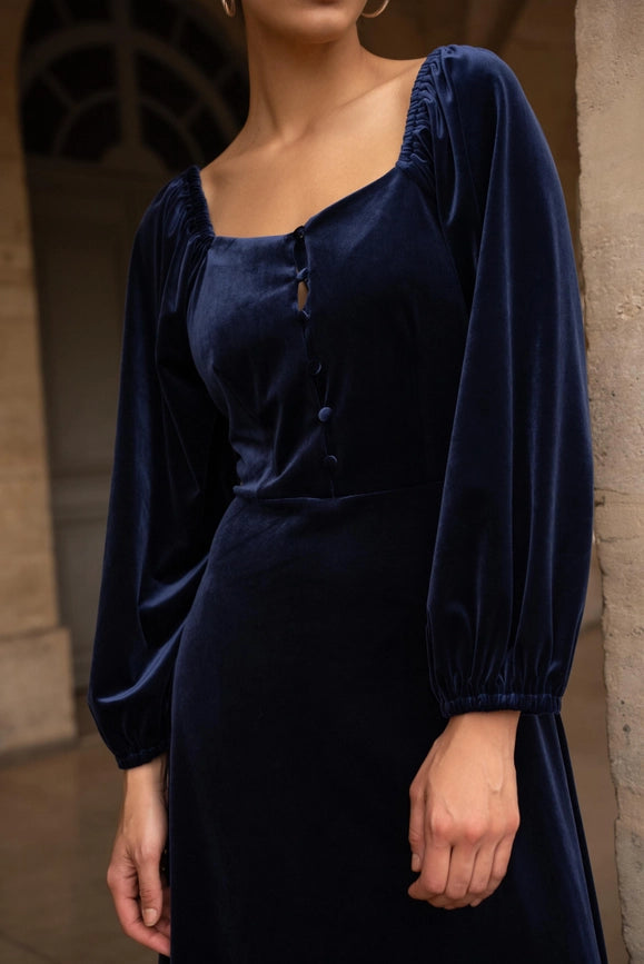 Velvet Long Dress with Puff Sleeves  Navy Blue