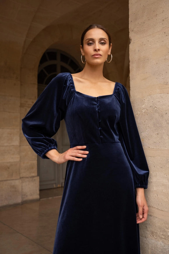 Velvet Long Dress with Puff Sleeves  Navy Blue