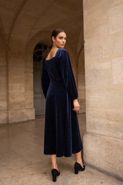 Velvet Long Dress with Puff Sleeves  Navy Blue