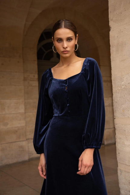 Velvet Long Dress with Puff Sleeves  Navy Blue