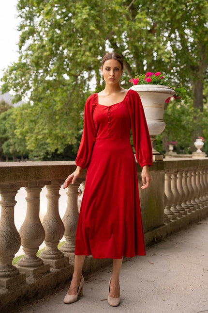 Velvet Long Dress with Puff Sleeves Red