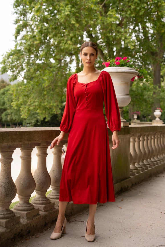 Velvet Long Dress with Puff Sleeves Red