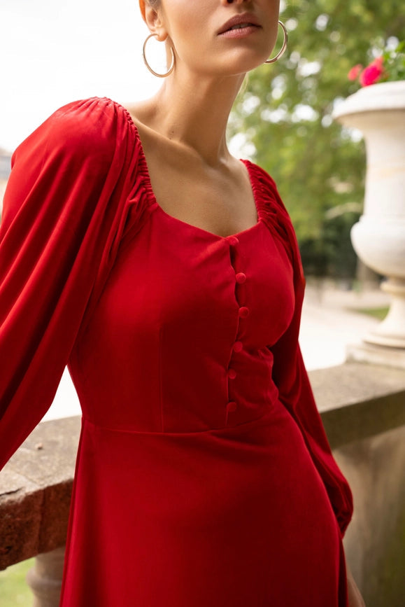 Velvet Long Dress with Puff Sleeves Red