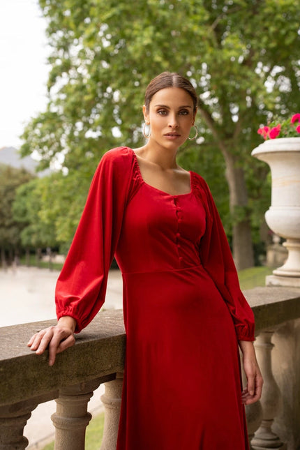 Velvet Long Dress with Puff Sleeves Red