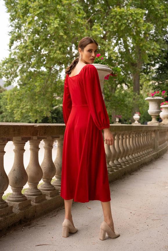 Velvet Long Dress with Puff Sleeves Red