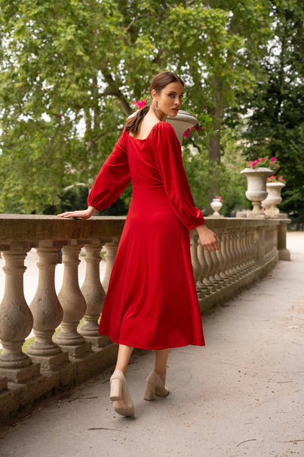 Velvet Long Dress with Puff Sleeves Red