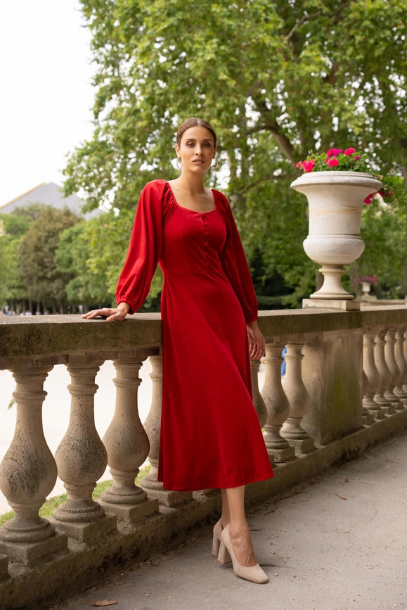 Velvet Long Dress with Puff Sleeves Red