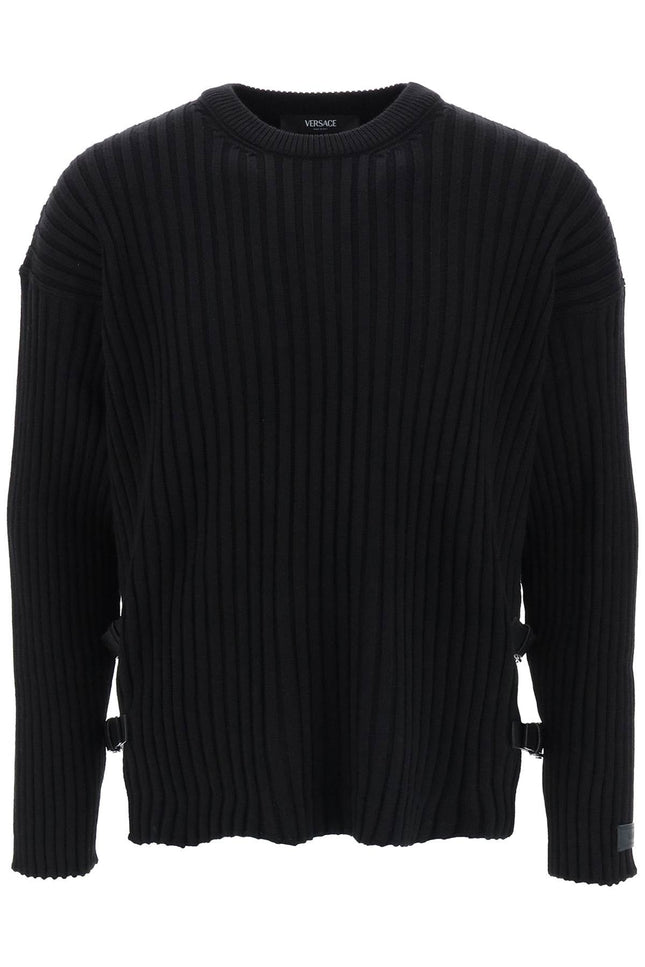 Versace ribbed-knit sweater with leather straps