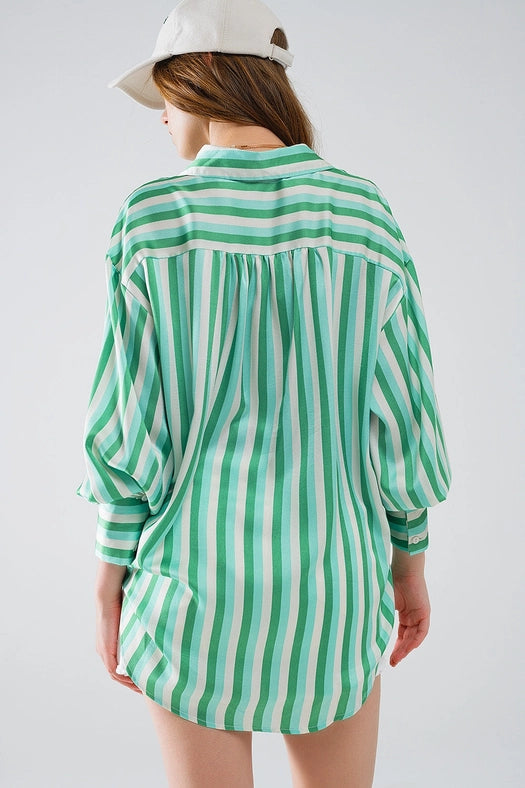 Vertical Striped Satin Shirt in Green with Button Up Closing