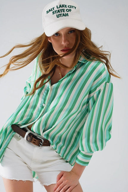 Vertical Striped Satin Shirt in Green with Button Up Closing