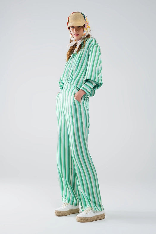 Vertical Striped Satin Shirt in Green with Button Up Closing