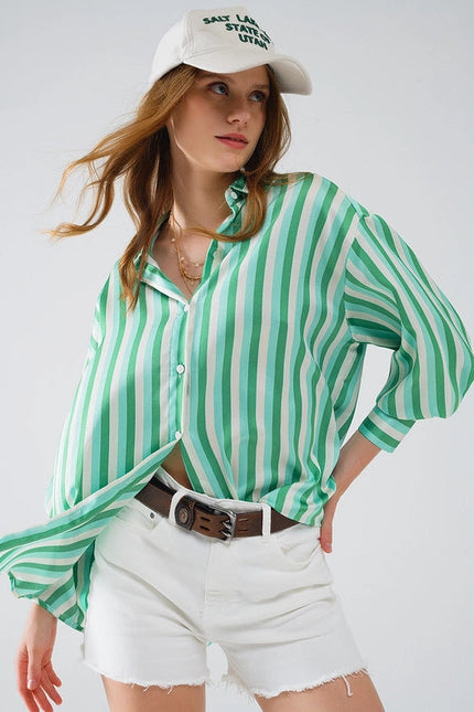 Vertical Striped Satin Shirt in Green with Button Up Closing