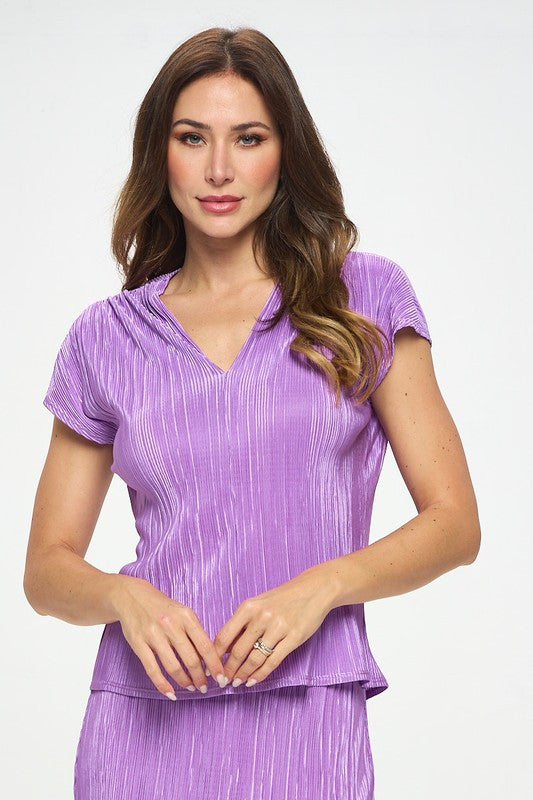 Vibrant Plisse V neck Flowy Top-1