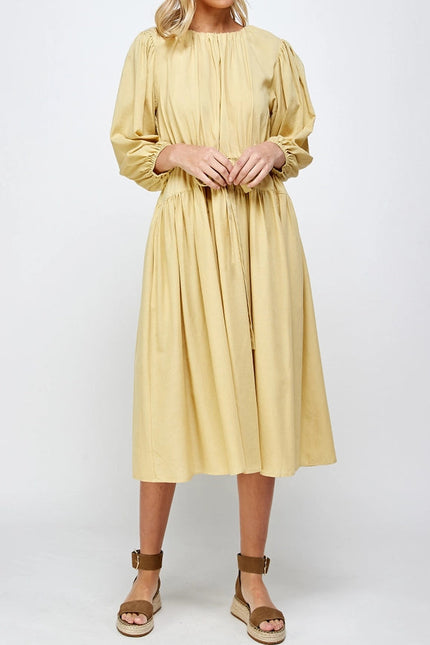 Volumed Sleeve Midi Dress-Dress-amente-M/L-Celery-Urbanheer