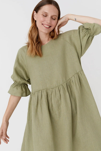 Voluminous Linen Dress Nerja in Sage