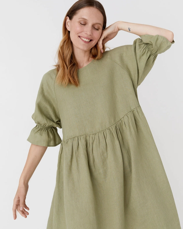 Voluminous Linen Dress Nerja in Sage