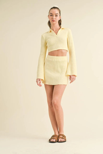 Waffle Knit Bell Sleeve Top And Skirt Set Yellow