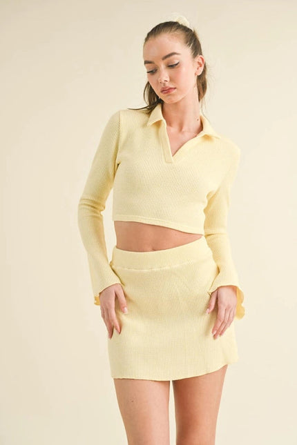 Waffle Knit Bell Sleeve Top And Skirt Set Yellow