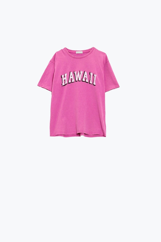 Washed Effect Hawaii T-Shirt in Fuchsia