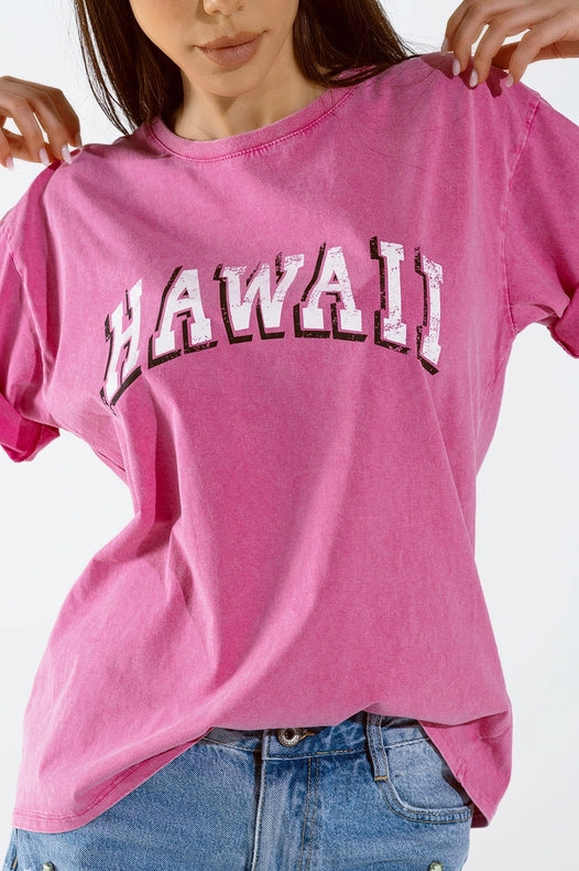 Washed Effect Hawaii T-Shirt in Fuchsia