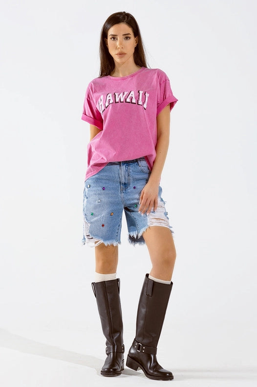 Washed Effect Hawaii T-Shirt in Fuchsia