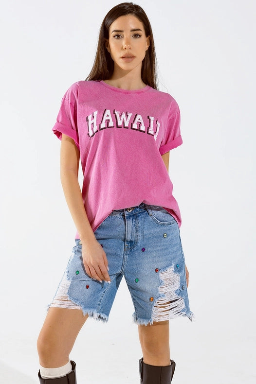 Washed Effect Hawaii T-Shirt in Fuchsia