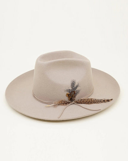 Western Cowboy Hat, 100% Wool Felt, Feather Trim, Beige