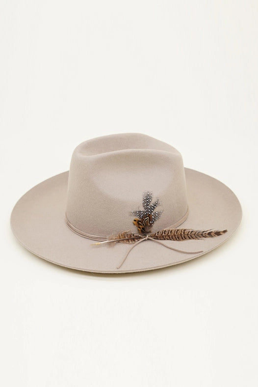 Western Cowboy Hat, 100% Wool Felt, Feather Trim, Beige