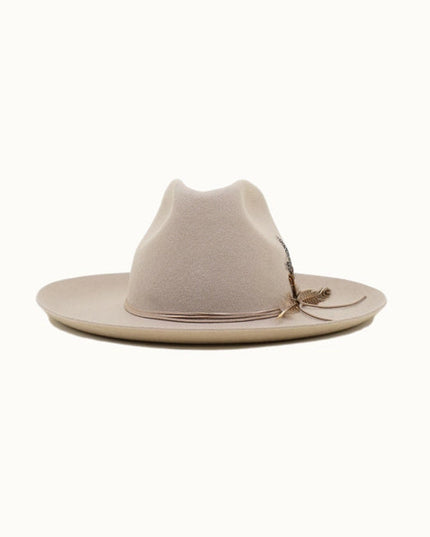 Western Cowboy Hat, 100% Wool Felt, Feather Trim, Beige