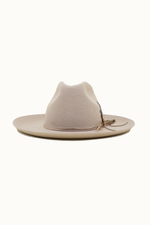 Western Cowboy Hat, 100% Wool Felt, Feather Trim, Beige