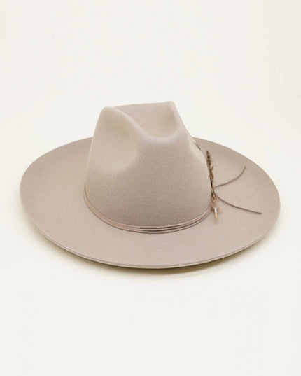 Western Cowboy Hat, 100% Wool Felt, Feather Trim, Beige