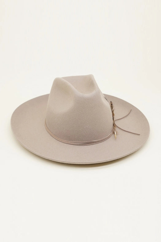 Western Cowboy Hat, 100% Wool Felt, Feather Trim, Beige