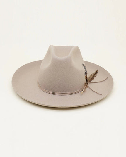 Western Cowboy Hat, 100% Wool Felt, Feather Trim, Beige