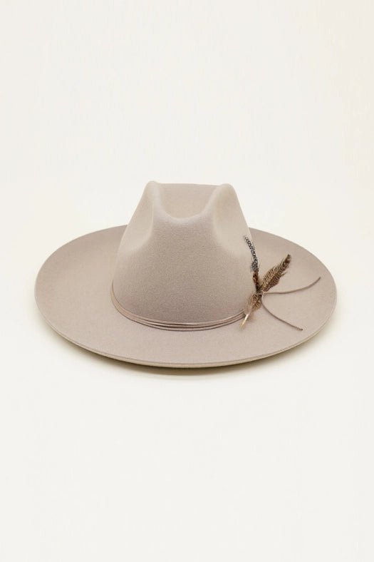 Western Cowboy Hat, 100% Wool Felt, Feather Trim, Beige