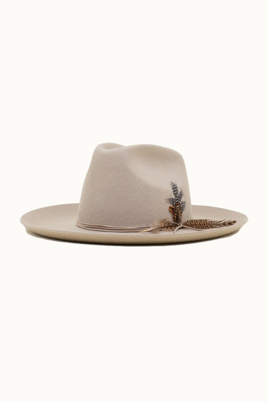 Western Cowboy Hat, 100% Wool Felt, Feather Trim, Beige