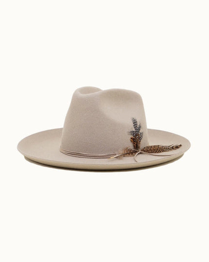 Western Cowboy Hat, 100% Wool Felt, Feather Trim, Beige