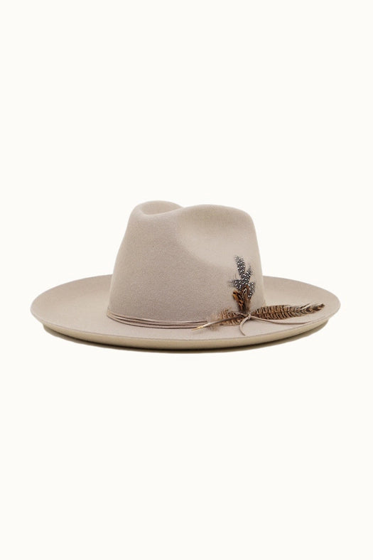 Western Cowboy Hat, 100% Wool Felt, Feather Trim, Beige