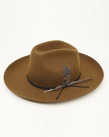 Western Cowboy Hat, 100% Wool Felt, Feather Trim, Cognac