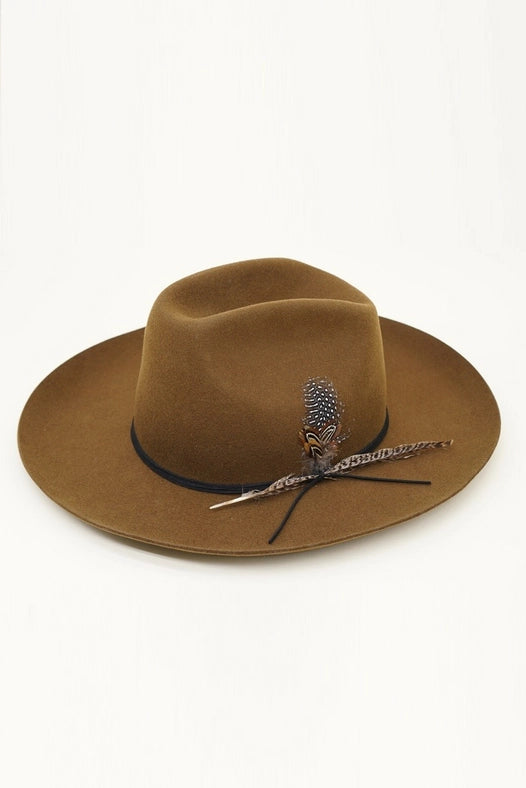 Western Cowboy Hat, 100% Wool Felt, Feather Trim, Cognac