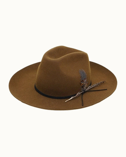 Western Cowboy Hat, 100% Wool Felt, Feather Trim, Cognac