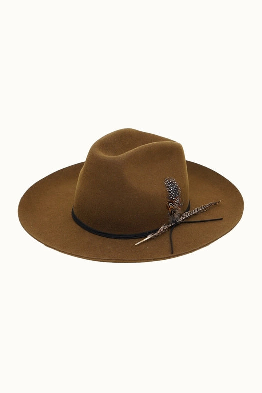 Western Cowboy Hat, 100% Wool Felt, Feather Trim, Cognac