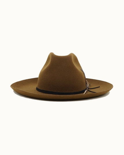 Western Cowboy Hat, 100% Wool Felt, Feather Trim, Cognac